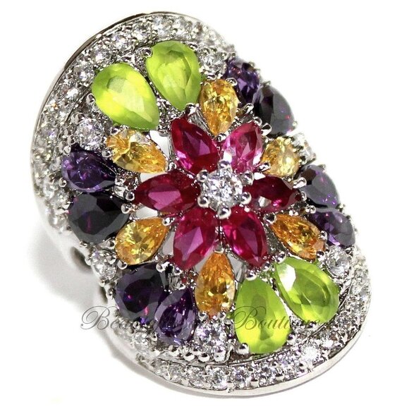 Ladies Wide Multi Citrine Rose Amethyst Clear CZ Flower Colorful Burst Ring 5 - Picture 2 of 6